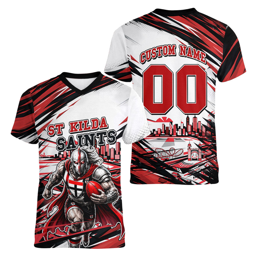 Personalised St Kilda Saints Fan Pride Women V-Neck T-Shirt Crusader Mascot Graphic Art With Melbourne City Skyline