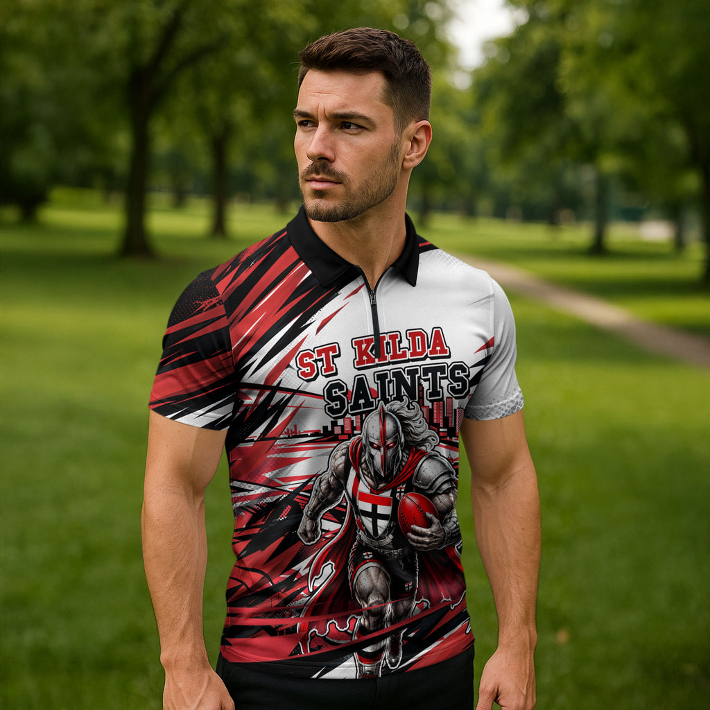 Personalised St Kilda Saints Fan Pride Zipper Polo Shirt Crusader Mascot Graphic Art With Melbourne City Skyline