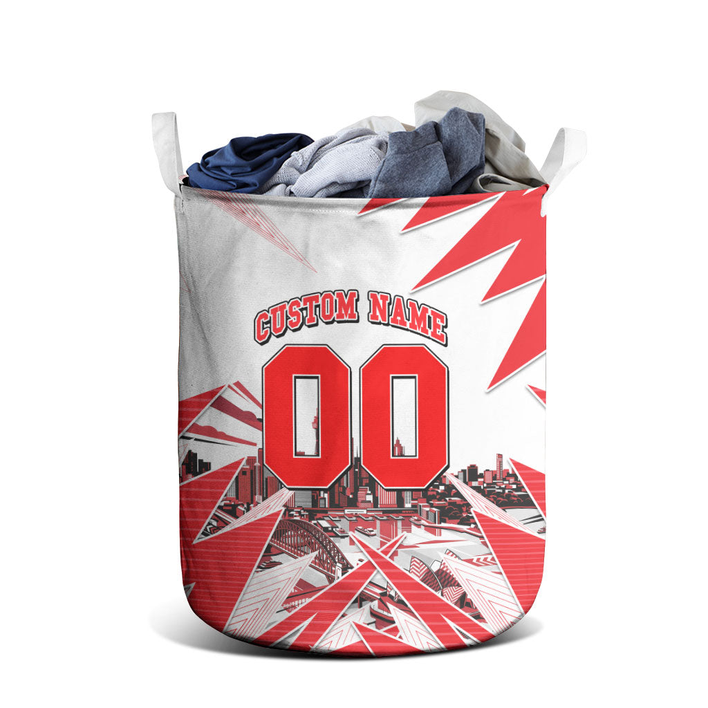 Personalised Sydney Swans Fan Pride Laundry Basket Fierce Swan Mascot Graphic Art With Sydney City Skyline