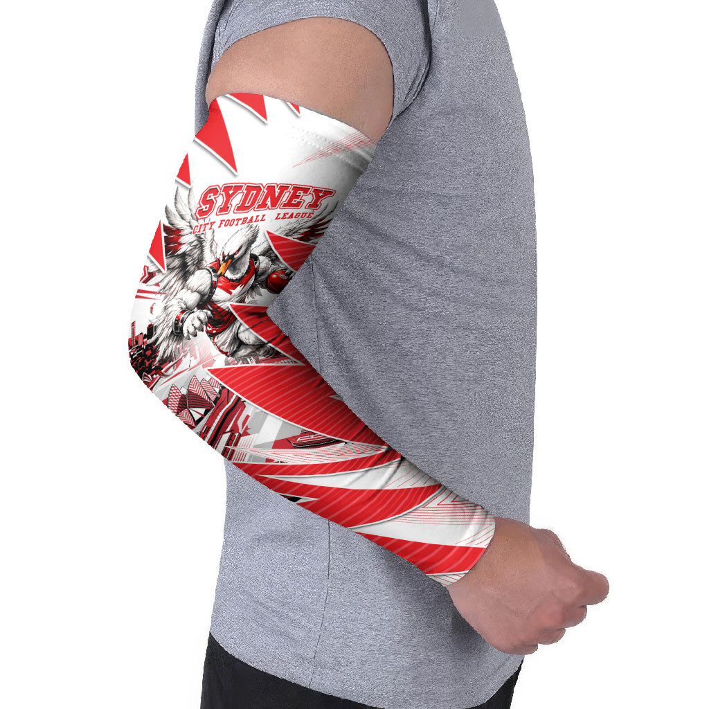 Personalised Sydney Swans Fan Pride Arm Sleeves Fierce Swan Mascot Graphic Art With Sydney City Skyline