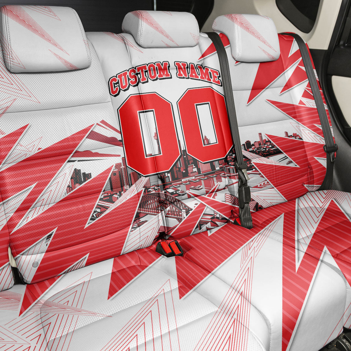 Personalised Sydney Swans Fan Pride Back Car Seat Cover Fierce Swan Mascot Graphic Art With Sydney City Skyline