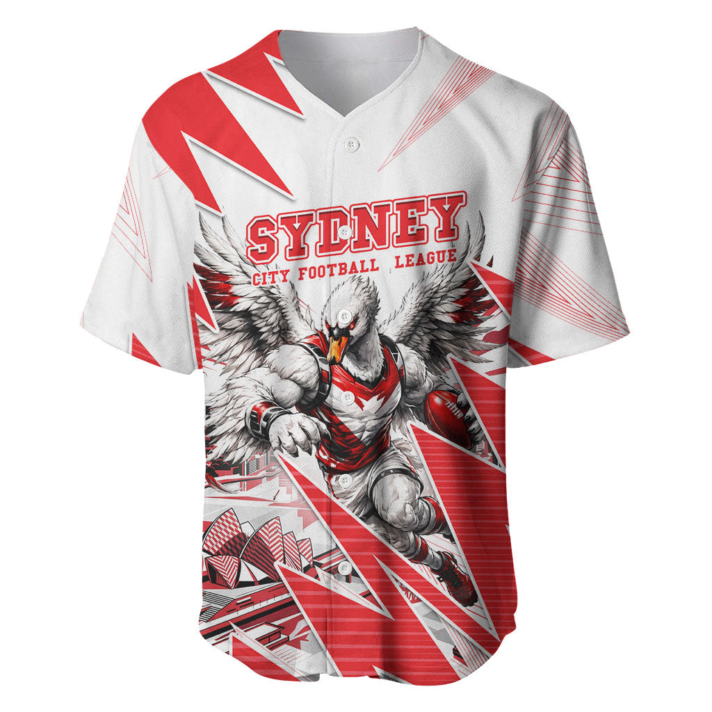 Personalised Sydney Swans Fan Pride Baseball Jersey Fierce Swan Mascot Graphic Art With Sydney City Skyline