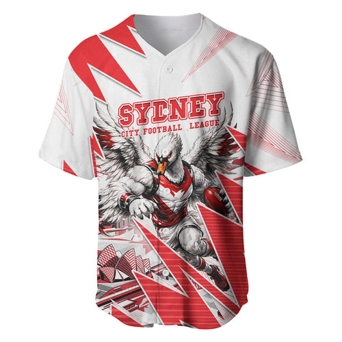 Personalised Sydney Swans Fan Pride Baseball Jersey Fierce Swan Mascot Graphic Art With Sydney City Skyline