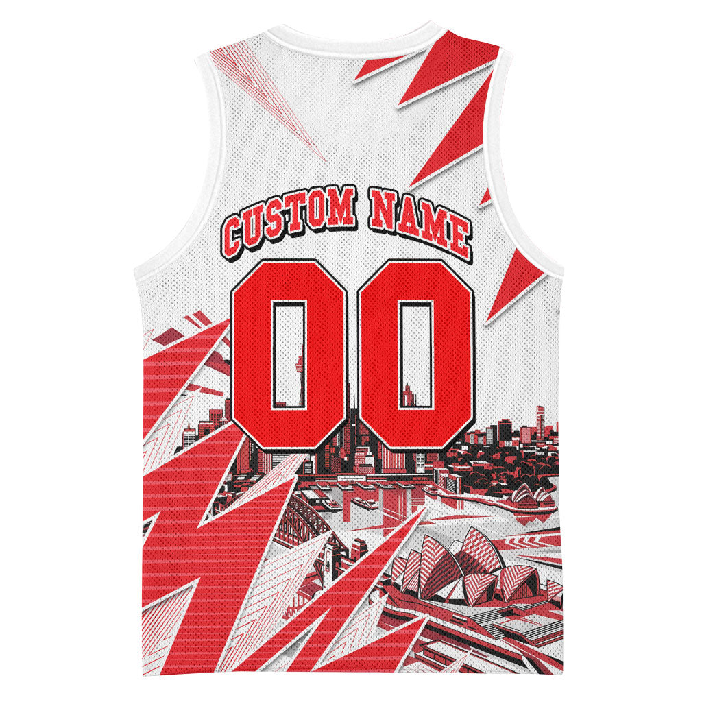 Personalised Sydney Swans Fan Pride Basketball Jersey Fierce Swan Mascot Graphic Art With Sydney City Skyline