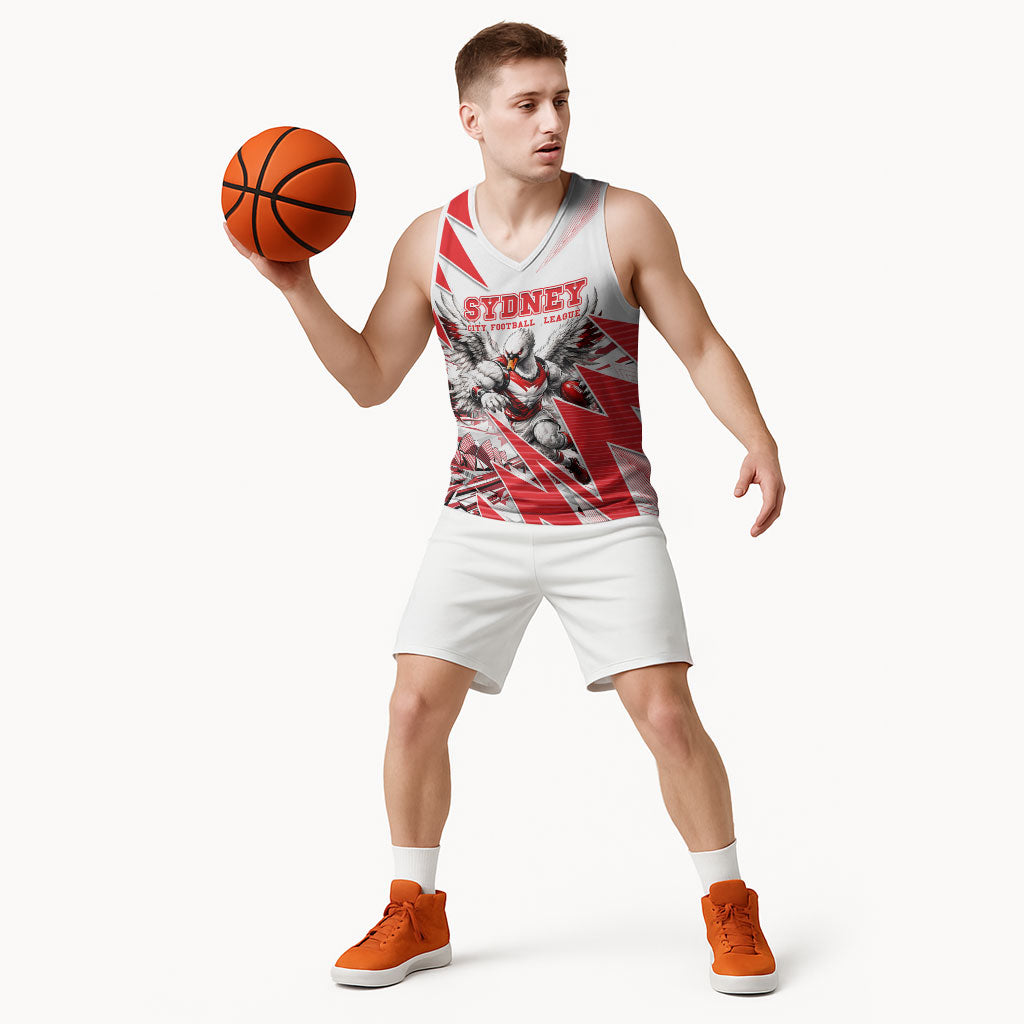 Personalised Sydney Swans Fan Pride Basketball Jersey Fierce Swan Mascot Graphic Art With Sydney City Skyline