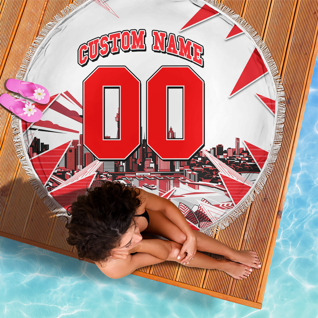 Personalised Sydney Swans Fan Pride Beach Blanket Fierce Swan Mascot Graphic Art With Sydney City Skyline