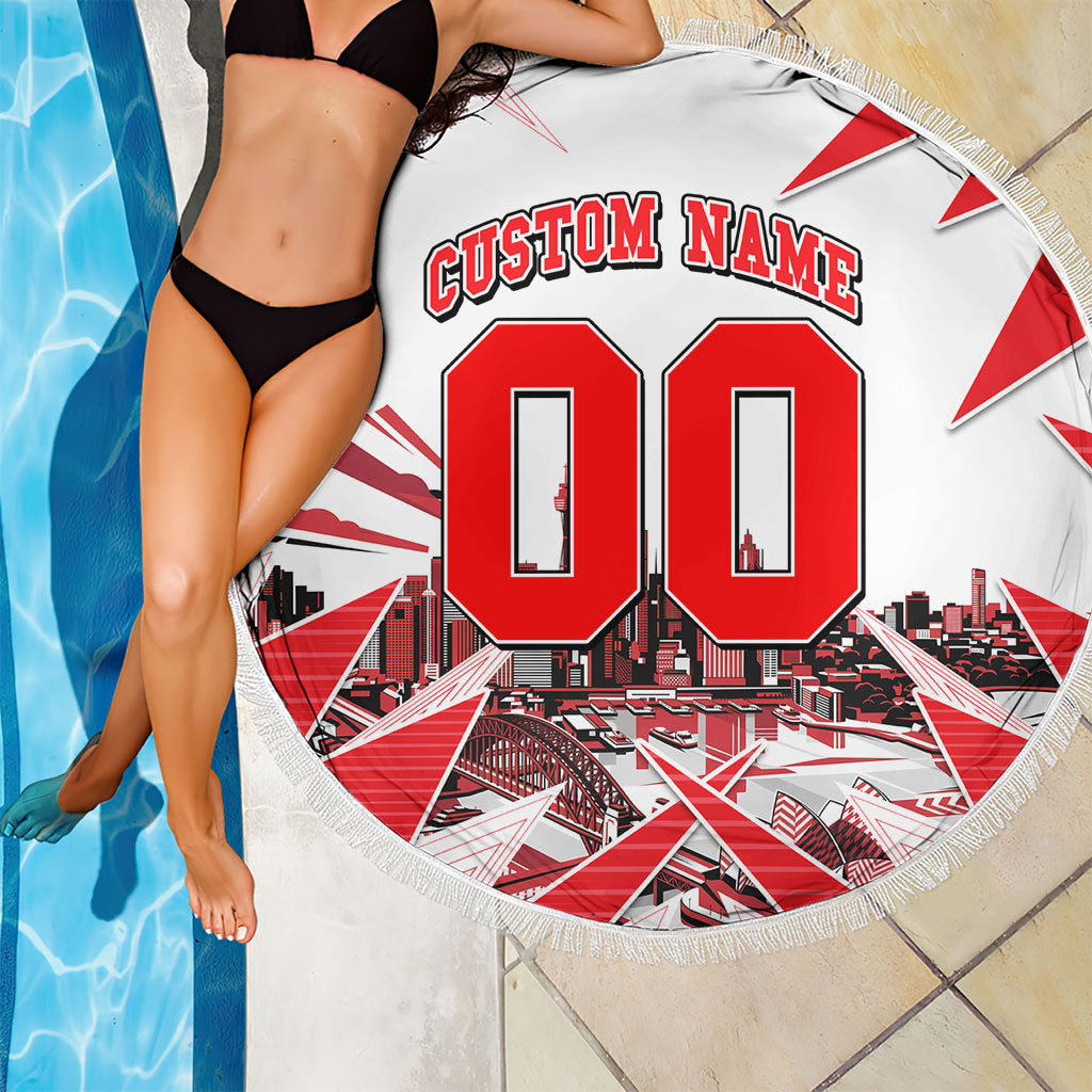 Personalised Sydney Swans Fan Pride Beach Blanket Fierce Swan Mascot Graphic Art With Sydney City Skyline