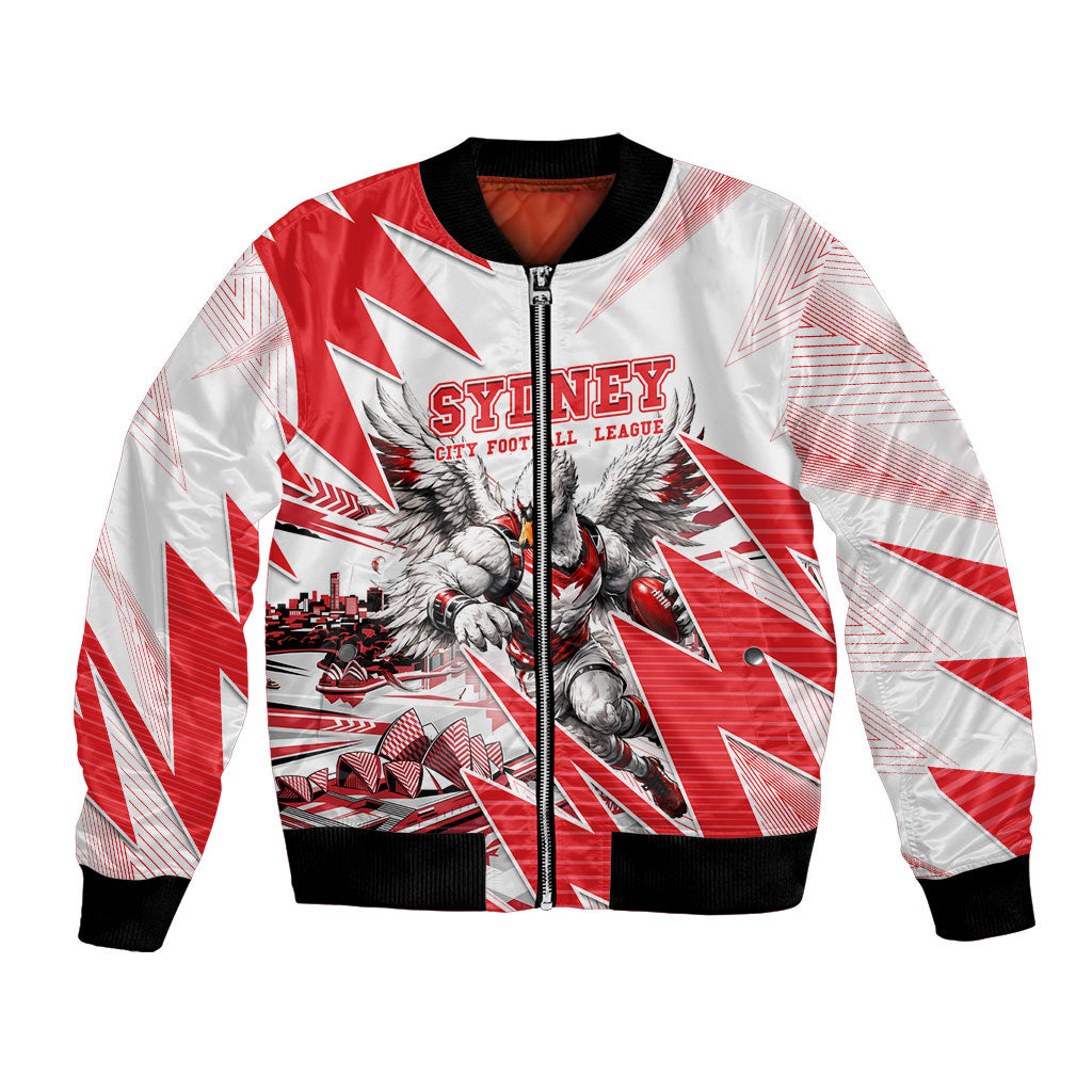 Personalised Sydney Swans Fan Pride Bomber Jacket Fierce Swan Mascot Graphic Art With Sydney City Skyline