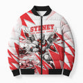 Personalised Sydney Swans Fan Pride Bomber Puffer Jacket Fierce Swan Mascot Graphic Art With Sydney City Skyline