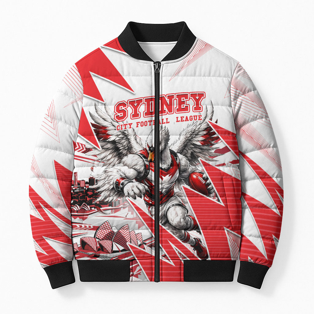 Personalised Sydney Swans Fan Pride Bomber Puffer Jacket Fierce Swan Mascot Graphic Art With Sydney City Skyline
