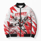 Personalised Sydney Swans Fan Pride Bomber Puffer Jacket Fierce Swan Mascot Graphic Art With Sydney City Skyline