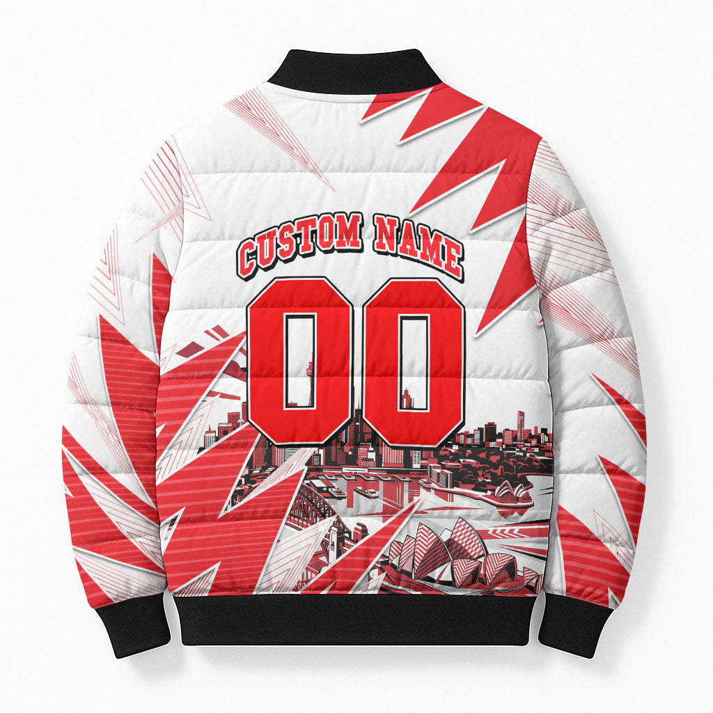 Personalised Sydney Swans Fan Pride Bomber Puffer Jacket Fierce Swan Mascot Graphic Art With Sydney City Skyline