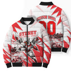 Personalised Sydney Swans Fan Pride Bomber Puffer Jacket Fierce Swan Mascot Graphic Art With Sydney City Skyline