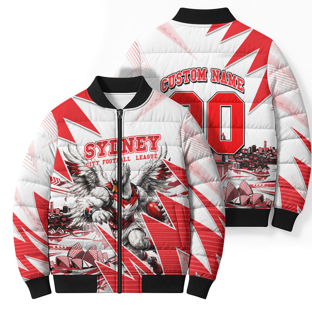 Personalised Sydney Swans Fan Pride Bomber Puffer Jacket Fierce Swan Mascot Graphic Art With Sydney City Skyline