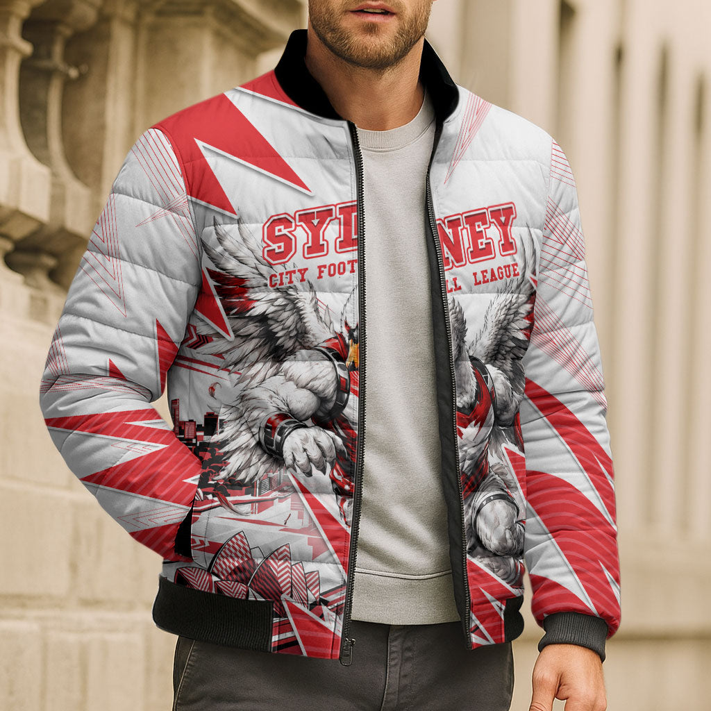 Personalised Sydney Swans Fan Pride Bomber Puffer Jacket Fierce Swan Mascot Graphic Art With Sydney City Skyline