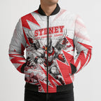 Personalised Sydney Swans Fan Pride Bomber Puffer Jacket Fierce Swan Mascot Graphic Art With Sydney City Skyline