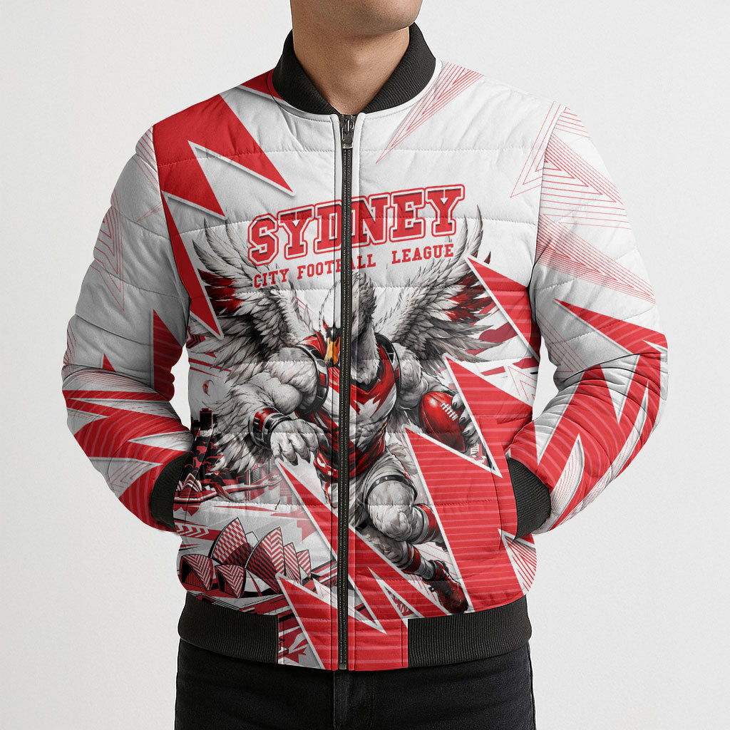 Personalised Sydney Swans Fan Pride Bomber Puffer Jacket Fierce Swan Mascot Graphic Art With Sydney City Skyline