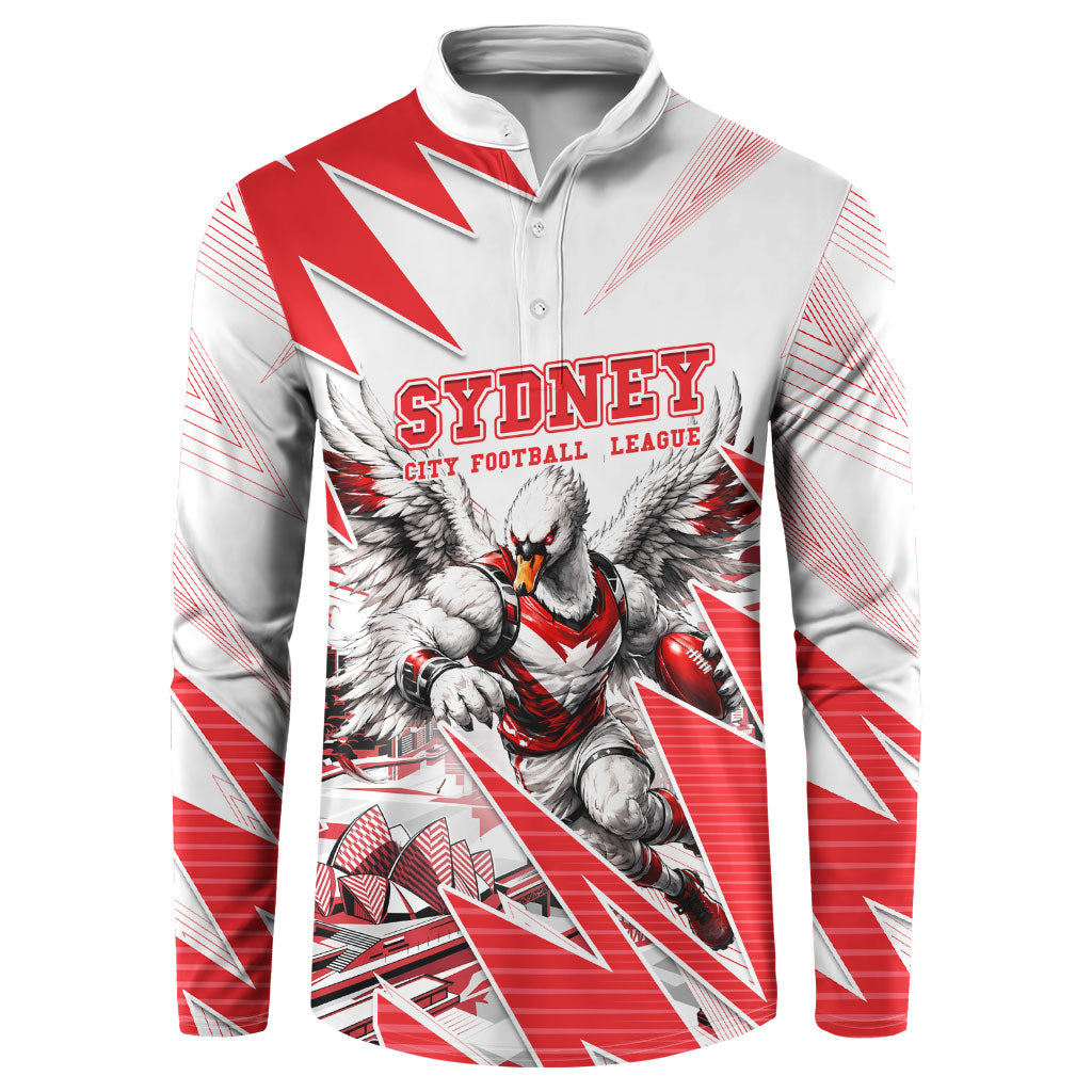 Personalised Sydney Swans Fan Pride Button Sweatshirt Fierce Swan Mascot Graphic Art With Sydney City Skyline