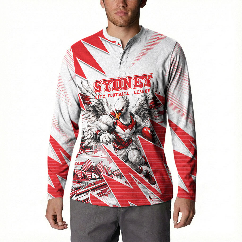 Personalised Sydney Swans Fan Pride Button Sweatshirt Fierce Swan Mascot Graphic Art With Sydney City Skyline