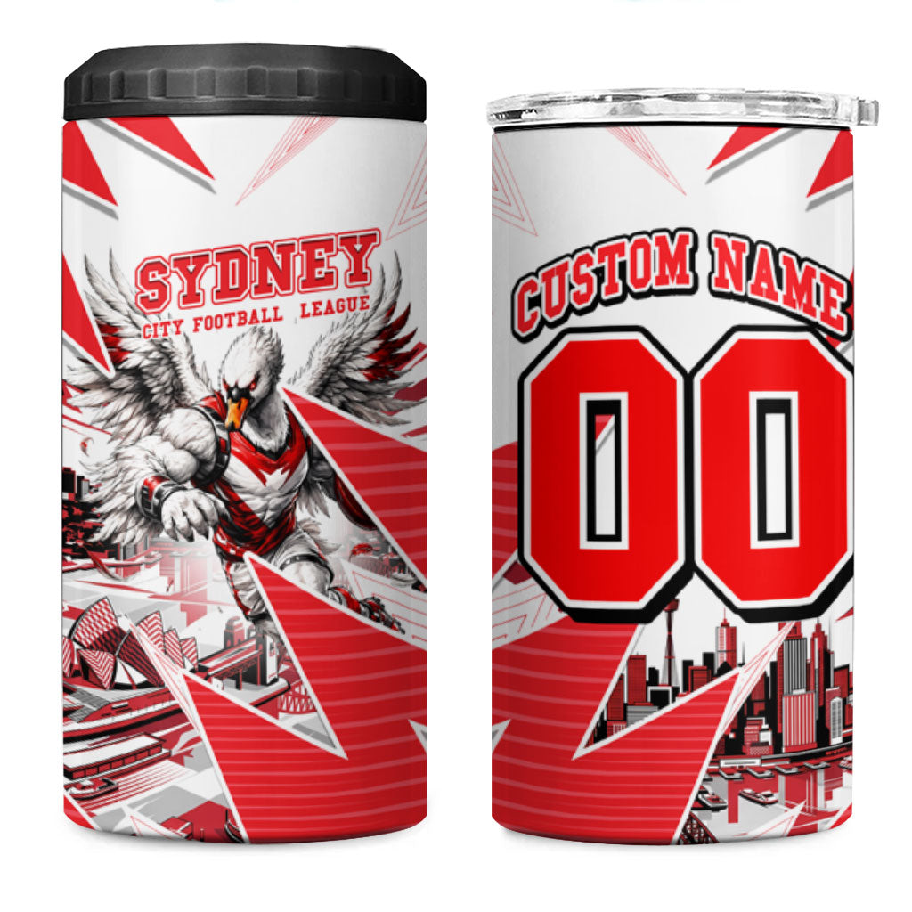 Personalised Sydney Swans Fan Pride 4 in 1 Can Cooler Tumbler Fierce Swan Mascot Graphic Art With Sydney City Skyline