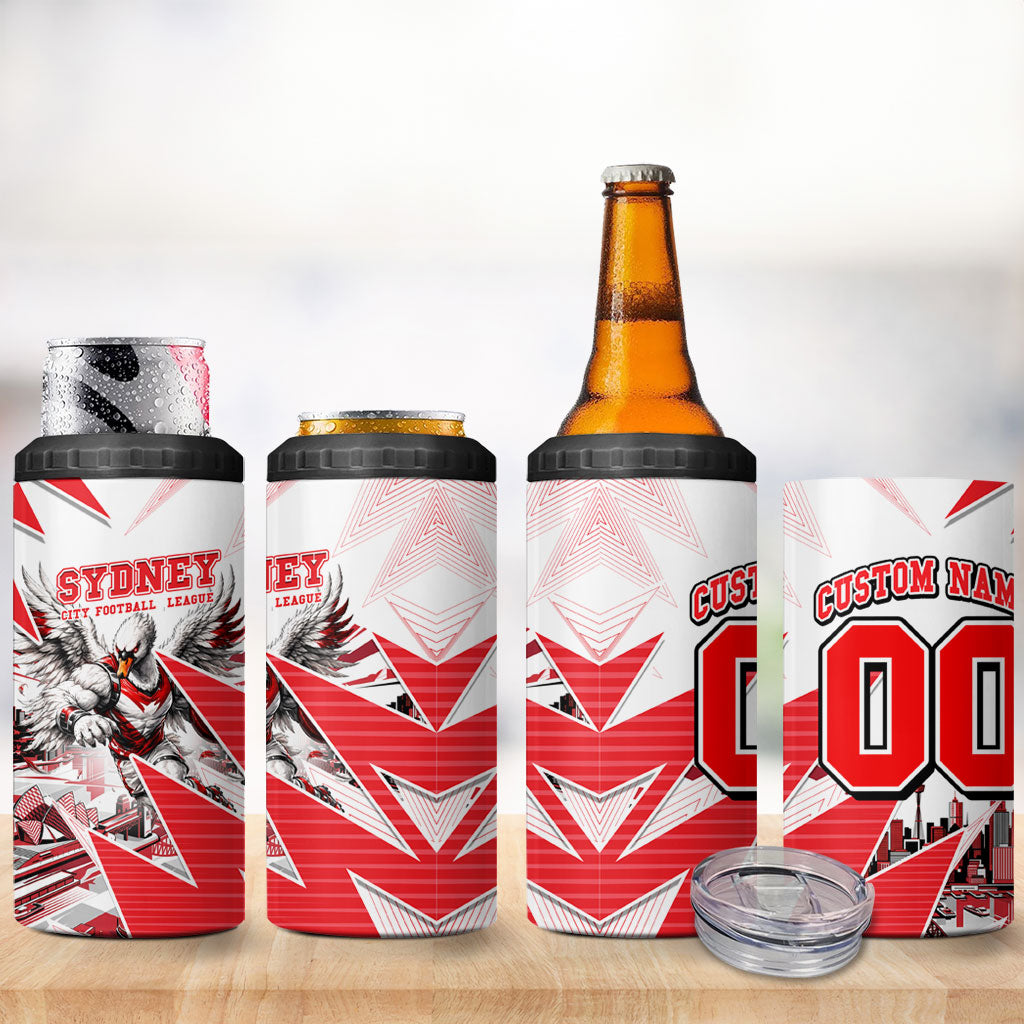 Personalised Sydney Swans Fan Pride 4 in 1 Can Cooler Tumbler Fierce Swan Mascot Graphic Art With Sydney City Skyline