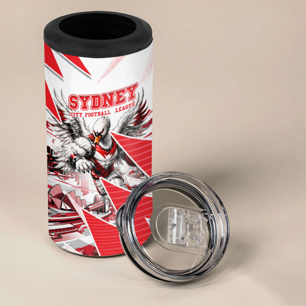 Personalised Sydney Swans Fan Pride 4 in 1 Can Cooler Tumbler Fierce Swan Mascot Graphic Art With Sydney City Skyline