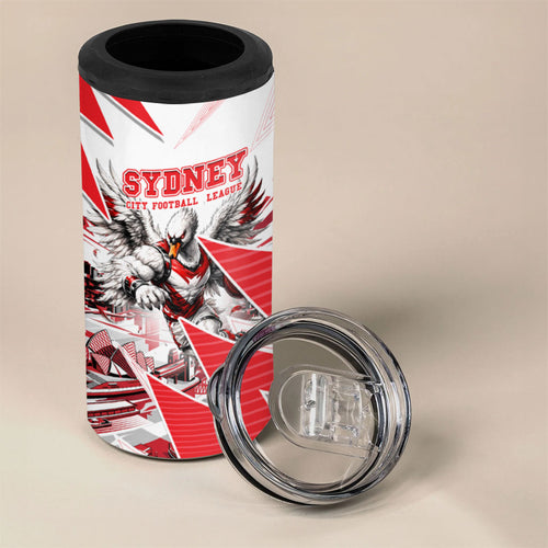 Personalised Sydney Swans Fan Pride 4 in 1 Can Cooler Tumbler Fierce Swan Mascot Graphic Art With Sydney City Skyline
