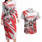 Personalised Sydney Swans Fan Pride Couples Matching Long Sleeve Bodycon Dress and Hawaiian Shirt Fierce Swan Mascot Graphic Art With Sydney City Skyline