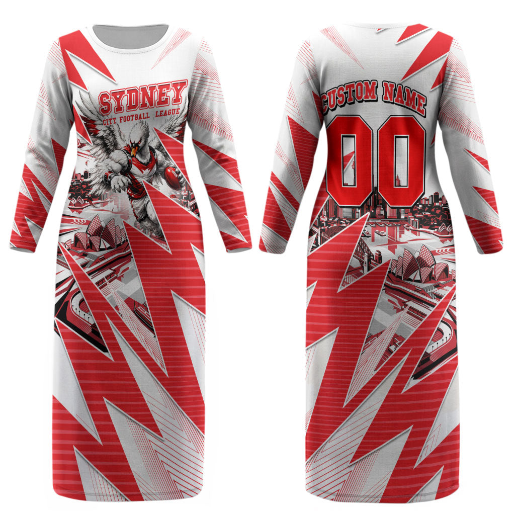 Personalised Sydney Swans Fan Pride Couples Matching Long Sleeve Bodycon Dress and Hawaiian Shirt Fierce Swan Mascot Graphic Art With Sydney City Skyline