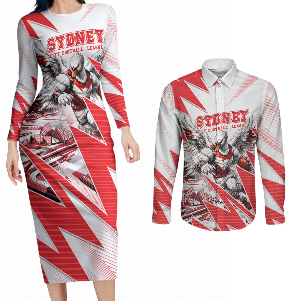 Personalised Sydney Swans Fan Pride Couples Matching Long Sleeve Bodycon Dress and Long Sleeve Button Shirt Fierce Swan Mascot Graphic Art With Sydney City Skyline