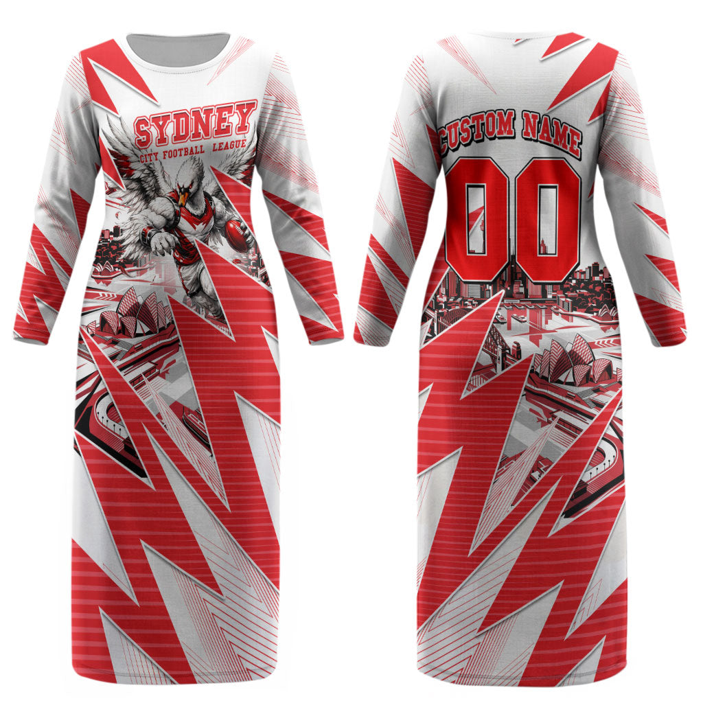 Personalised Sydney Swans Fan Pride Couples Matching Long Sleeve Bodycon Dress and Long Sleeve Button Shirt Fierce Swan Mascot Graphic Art With Sydney City Skyline