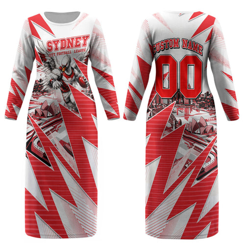 Personalised Sydney Swans Fan Pride Couples Matching Long Sleeve Bodycon Dress and Long Sleeve Button Shirt Fierce Swan Mascot Graphic Art With Sydney City Skyline