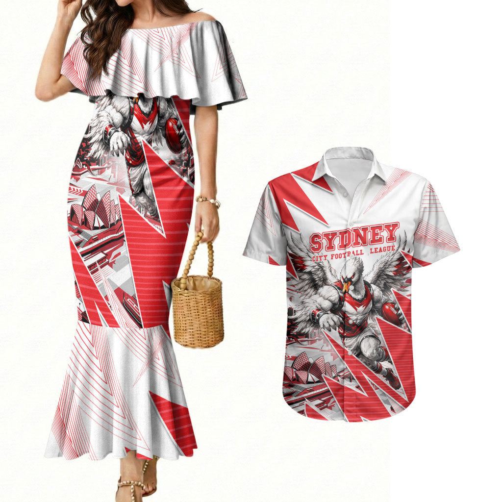Personalised Sydney Swans Fan Pride Couples Matching Mermaid Dress and Hawaiian Shirt Fierce Swan Mascot Graphic Art With Sydney City Skyline