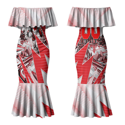 Personalised Sydney Swans Fan Pride Couples Matching Mermaid Dress and Hawaiian Shirt Fierce Swan Mascot Graphic Art With Sydney City Skyline