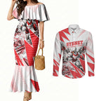 Personalised Sydney Swans Fan Pride Couples Matching Mermaid Dress and Long Sleeve Button Shirt Fierce Swan Mascot Graphic Art With Sydney City Skyline