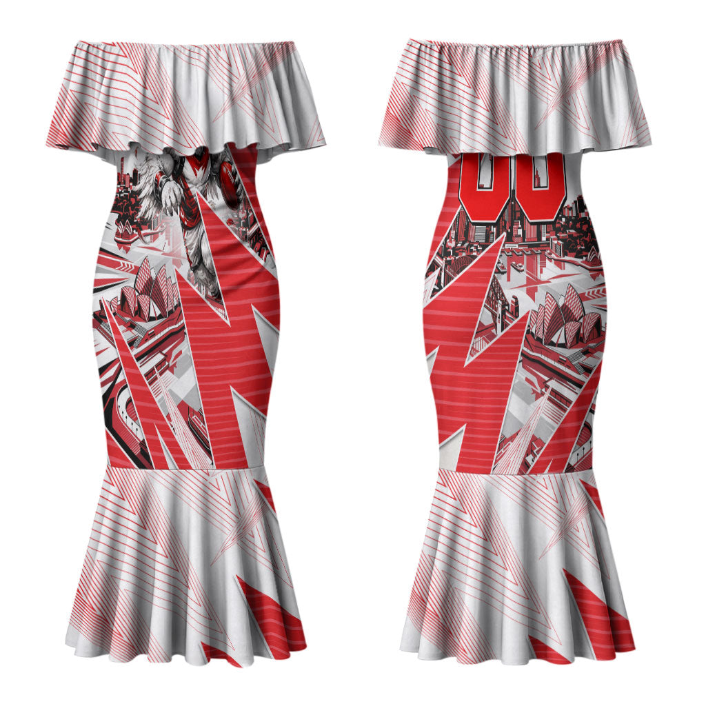 Personalised Sydney Swans Fan Pride Couples Matching Mermaid Dress and Long Sleeve Button Shirt Fierce Swan Mascot Graphic Art With Sydney City Skyline