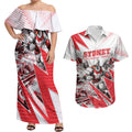 Personalised Sydney Swans Fan Pride Couples Matching Off Shoulder Maxi Dress and Hawaiian Shirt Fierce Swan Mascot Graphic Art With Sydney City Skyline