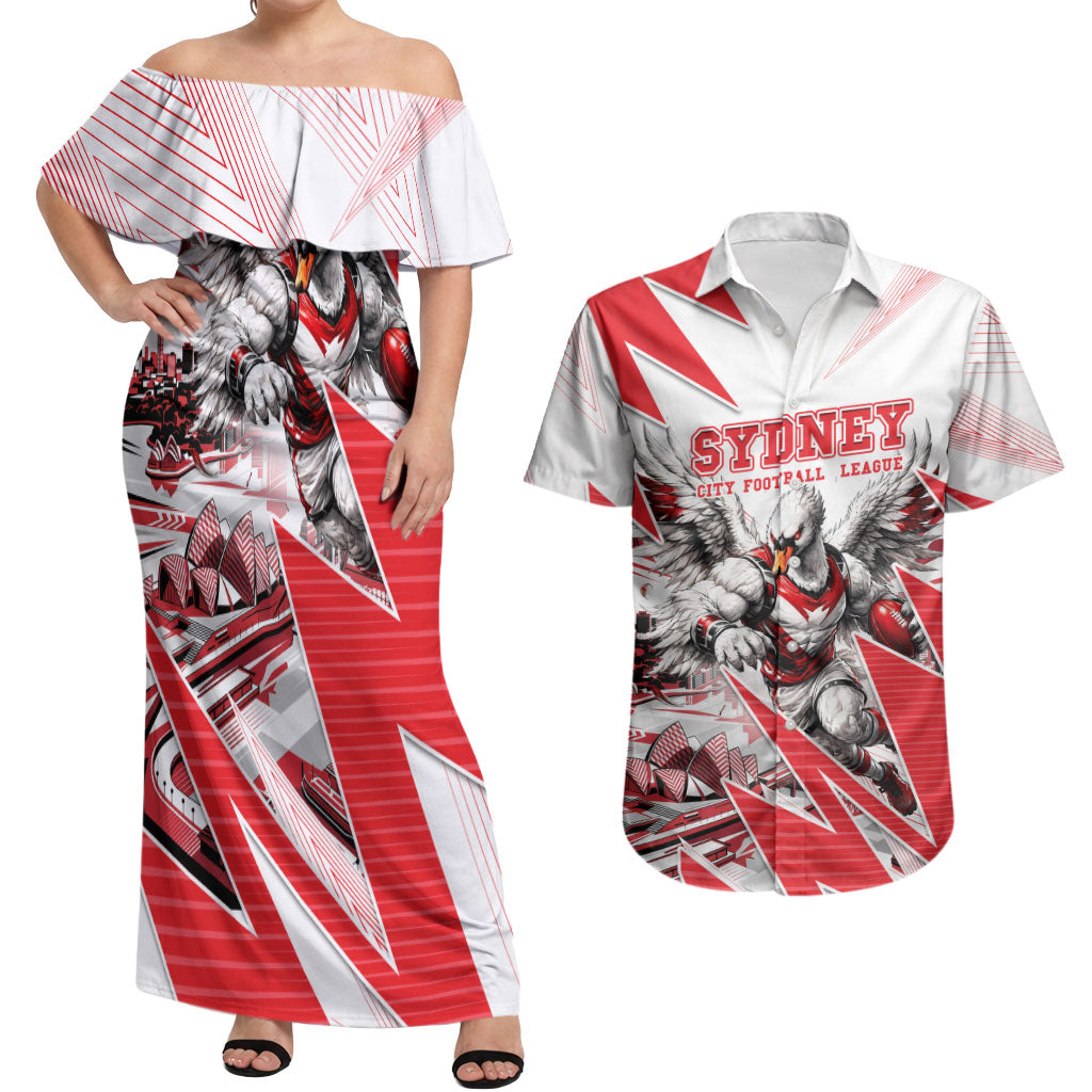 Personalised Sydney Swans Fan Pride Couples Matching Off Shoulder Maxi Dress and Hawaiian Shirt Fierce Swan Mascot Graphic Art With Sydney City Skyline
