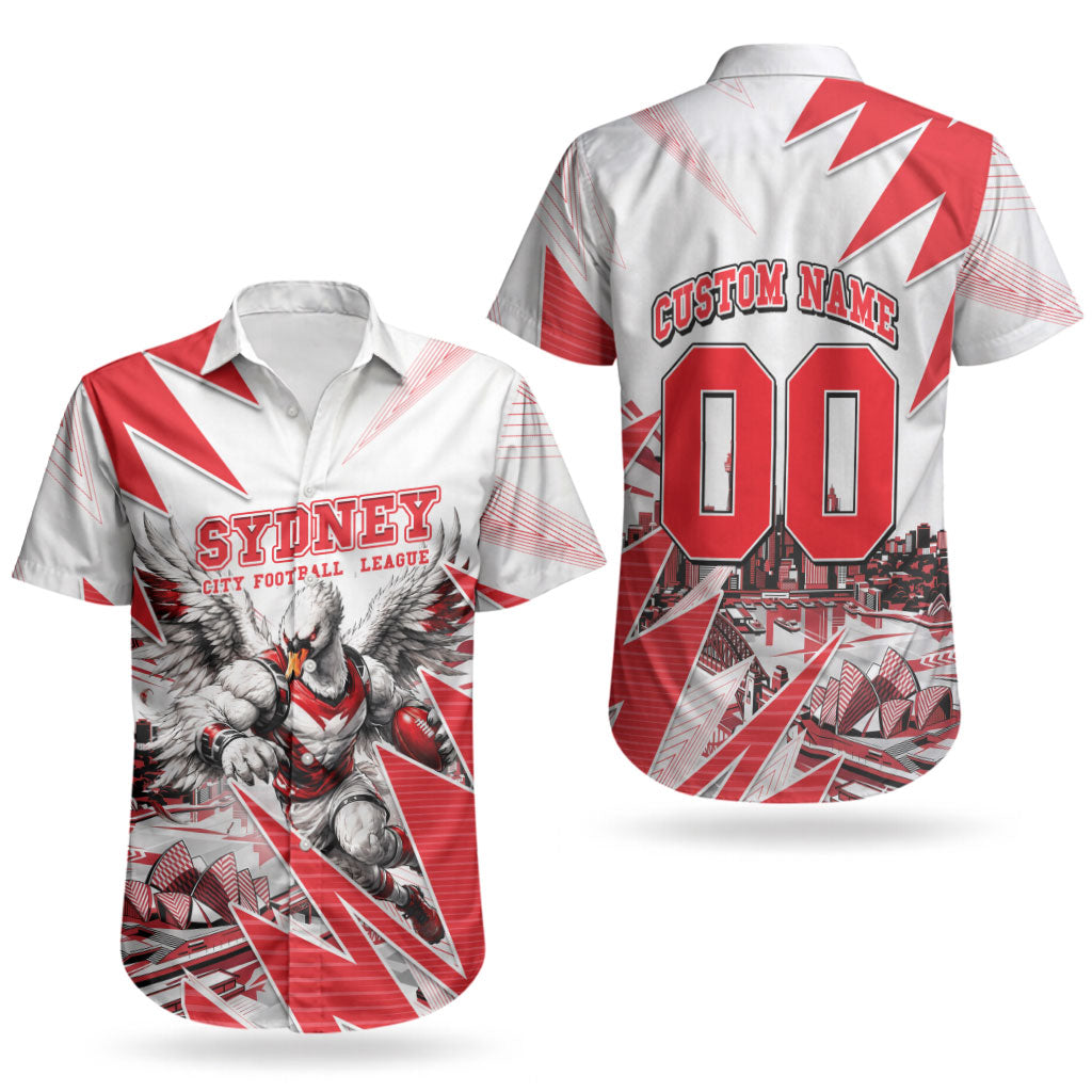 Personalised Sydney Swans Fan Pride Couples Matching Off Shoulder Maxi Dress and Hawaiian Shirt Fierce Swan Mascot Graphic Art With Sydney City Skyline