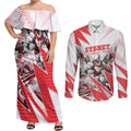 Personalised Sydney Swans Fan Pride Couples Matching Off Shoulder Maxi Dress and Long Sleeve Button Shirt Fierce Swan Mascot Graphic Art With Sydney City Skyline
