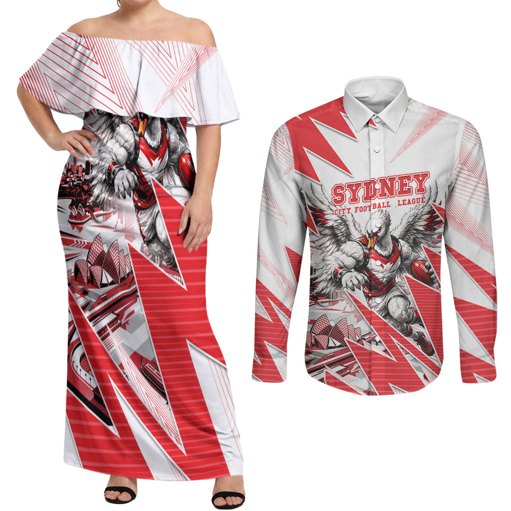 Personalised Sydney Swans Fan Pride Couples Matching Off Shoulder Maxi Dress and Long Sleeve Button Shirt Fierce Swan Mascot Graphic Art With Sydney City Skyline
