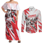Personalised Sydney Swans Fan Pride Couples Matching Off Shoulder Maxi Dress and Long Sleeve Button Shirt Fierce Swan Mascot Graphic Art With Sydney City Skyline