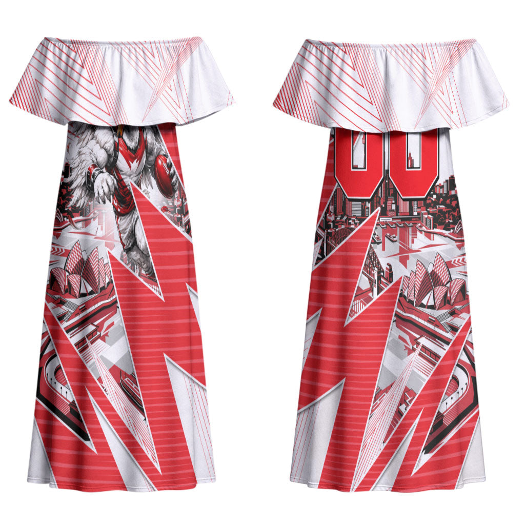 Personalised Sydney Swans Fan Pride Couples Matching Off Shoulder Maxi Dress and Long Sleeve Button Shirt Fierce Swan Mascot Graphic Art With Sydney City Skyline