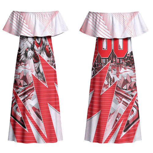 Personalised Sydney Swans Fan Pride Couples Matching Off Shoulder Maxi Dress and Long Sleeve Button Shirt Fierce Swan Mascot Graphic Art With Sydney City Skyline