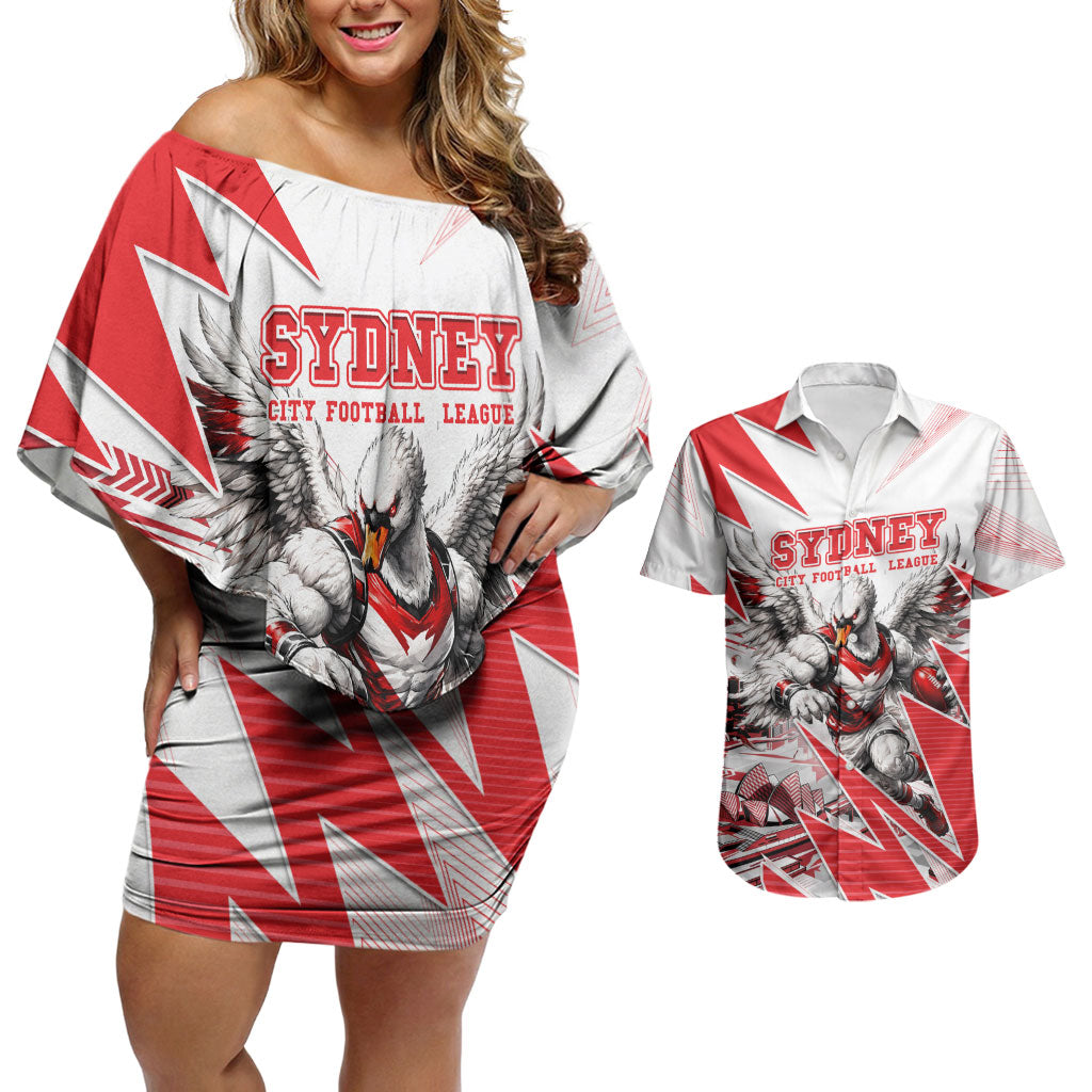 Personalised Sydney Swans Fan Pride Couples Matching Off Shoulder Short Dress and Hawaiian Shirt Fierce Swan Mascot Graphic Art With Sydney City Skyline