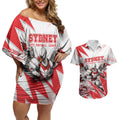 Personalised Sydney Swans Fan Pride Couples Matching Off Shoulder Short Dress and Hawaiian Shirt Fierce Swan Mascot Graphic Art With Sydney City Skyline