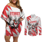 Personalised Sydney Swans Fan Pride Couples Matching Off Shoulder Short Dress and Long Sleeve Button Shirt Fierce Swan Mascot Graphic Art With Sydney City Skyline