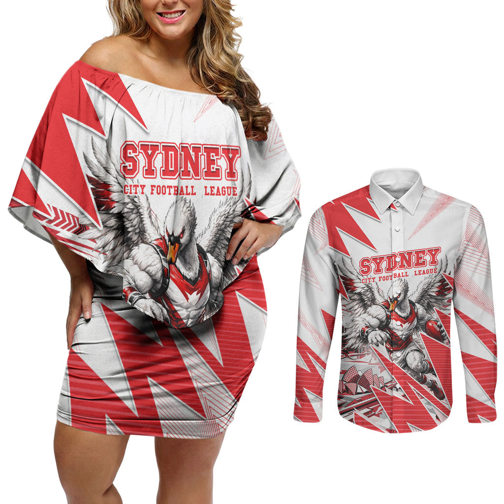 Personalised Sydney Swans Fan Pride Couples Matching Off Shoulder Short Dress and Long Sleeve Button Shirt Fierce Swan Mascot Graphic Art With Sydney City Skyline