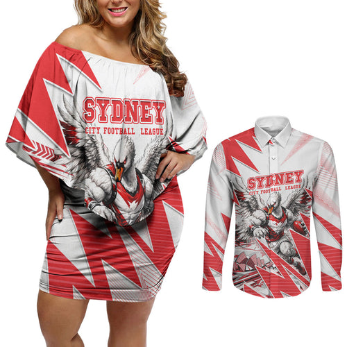 Personalised Sydney Swans Fan Pride Couples Matching Off Shoulder Short Dress and Long Sleeve Button Shirt Fierce Swan Mascot Graphic Art With Sydney City Skyline