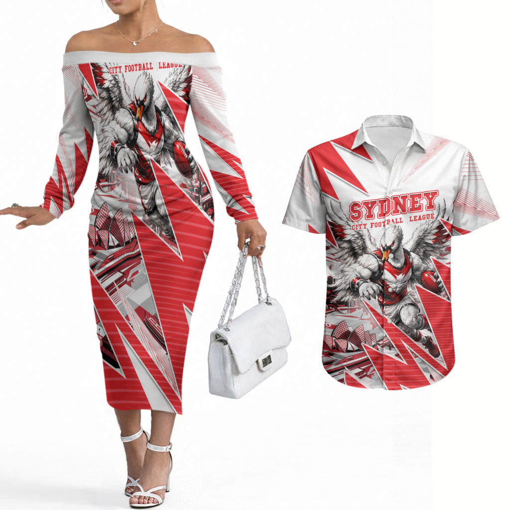 Personalised Sydney Swans Fan Pride Couples Matching Off The Shoulder Long Sleeve Dress and Hawaiian Shirt Fierce Swan Mascot Graphic Art With Sydney City Skyline